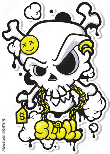 Urban Graffiti Skull Sticker with Gold Chain Bling and Streetwear Vibes Vector