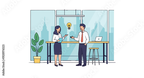 Flat 2D illustration of a man and woman in a coworking open space area with a laptop and lightbulb idea.