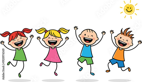 Cheerful Stick Figure Children Jumping Happily Under a Smiling Sun Illustration