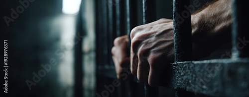 The hands gripping cold steel prison bars in a dim lonely cell