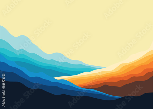 A breathtaking sunset glows over a misty mountain range as the evening sun dips below the horizon, illuminating a serene nature landscape of forest valleys and snow-capped hills under a cloudy sky