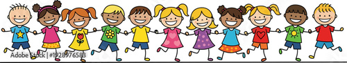 Diverse group of happy stick figure children holding hands, smiling and walking together