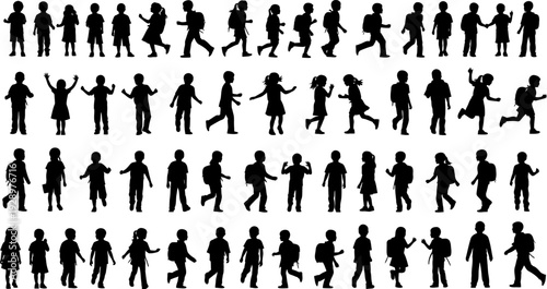 Collection of diverse children silhouettes in various poses, walking, running, and playing activities