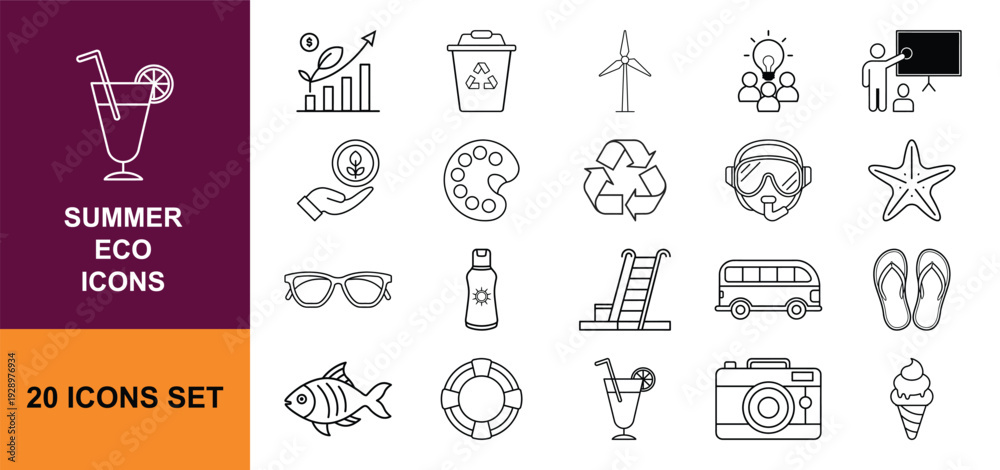 Fototapeta premium Summer and Eco Lifestyle Outline Icon Set with Beach, Travel, Recycling, Renewable Energy and Sustainability Symbols