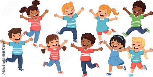 Happy diverse children jumping and playing together with joyful expressions on a white background