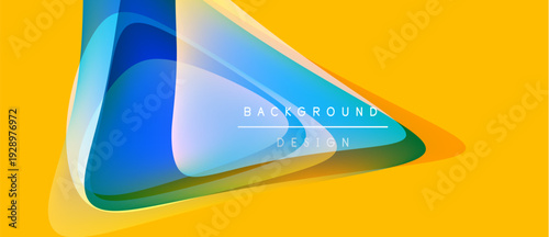 Abstract geometric shapes overlap yellow backdrop. Modern design features translucent layers, gradients, text elements. Bright, dynamic composition.