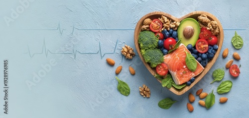 The heart shaped bowl of salmon avocado and berries for a healthy heart