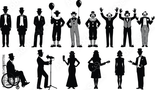 Black and White Silhouettes of Circus Performers Clowns Magicians and Gala Guests Including a Guitarist Photographer and Man in Wheelchair Isolated on White Background