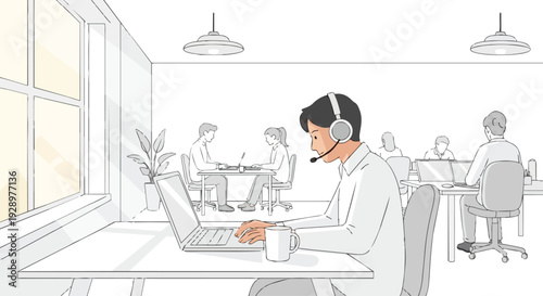 An illustration of a business professional wearing a headset working on a laptop in a coworking open space area with a flat 2D design.