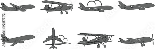 The image contains a collection of grayscale drawings of various aircraft models, neatly arranged in two rows against a clean white background. This arrangement makes it easy to compare and appreciate