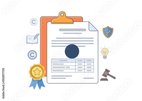 Legal Certificate, Copyright Document, Law & Regulation Illustration – Flat Vector Icon Set (Clipboard, Legal Paper, Medal, Judge Gavel, Insurance, Security, Shield, Lightbulb).