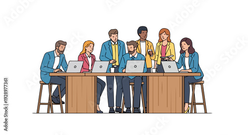 Flat 2D illustration of a diverse group of people coworking on laptops in an open space area with a minimalist style.