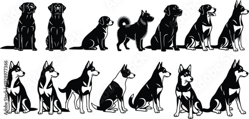 Black and White Dog Breed Silhouette Set Featuring Labrador Retriever Husky Beagle and Shepherd Vectors for Icons and Graphic Design