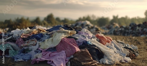 The Pile of Discarded Clothing in a Sunlit Open-Air Textile Waste Field