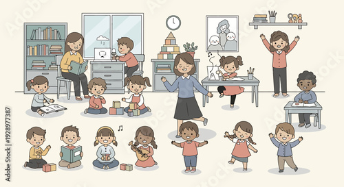 Happy diverse children and teachers engaged in various activities in a vibrant classroom.