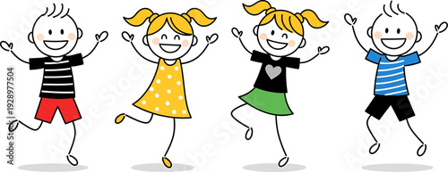Joyful stick figure children jumping and playing together on a white background