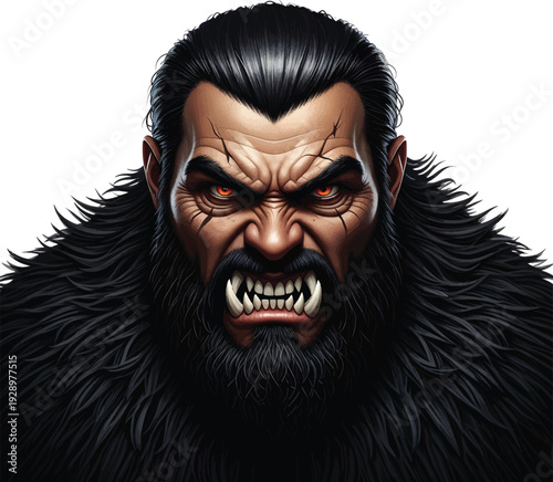 A snarling beast monster with glowing orange eyes and facial scars isolated on white background