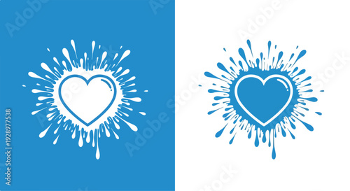 Graphic illustration of two heart splashes in blue and white colors on a split background.