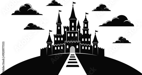 Black and White Silhouette Vector Illustration of a Medieval Fairy Tale Fantasy Castle on a Hill with Clouds and Path