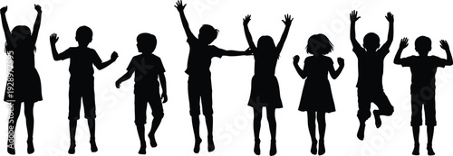 Black and White Silhouette Vector Illustration of Happy Diverse Children Jumping and Cheering in Celebration for Youth flavector Education Concept