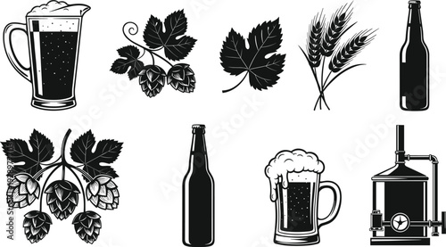 Black and White Silhouette Vector Illustration Set of Beer Mugs Bottles Hops Barley and Brewing Equipment for Craft Brewery flavector