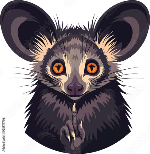 Stylized aye-aye lemur looking forward with vibrant orange eyes and large ears on white background