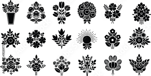 Black and White Silhouette Vector Illustration Set of Various Decorative Flower Bouquets and Floral Ornaments for Greeting Cards flavector Concept
