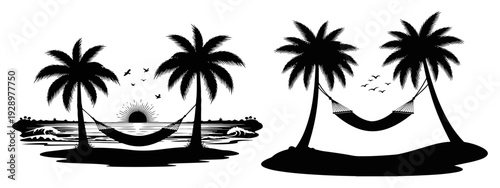 Tropical Island with Palm Trees Silhouette Vector with Hammock Swaying