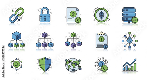 Collection of various digital technology and data security icons.