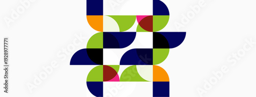 Abstract geometric pattern. Squares, circles, vibrant colors create modern design. Clean lines, balanced composition.