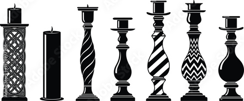 Black and White Silhouette Vector Illustrations of Decorative Candles and Elegant Candlesticks for Interior Design Home Decor and Celebration flavector