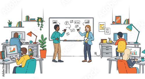 Flat 2D illustration of a diverse team collaborating in a modern coworking open space area with a whiteboard and desks.