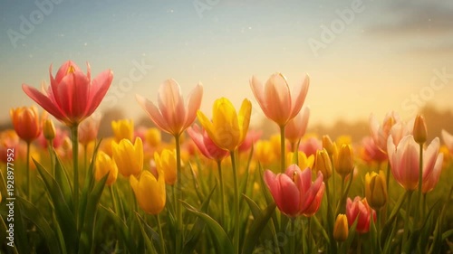 Fields of Colorful Tulips in Bloom: A vibrant display of colorful tulips basks in the soft glow of the sun, creating a serene and picturesque landscape. 