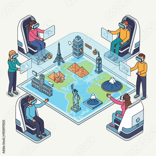 People using virtual reality headsets to explore global landmarks and geography.