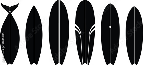 Black and White Silhouette Vector Illustrations of Various Surfboard Shapes Including Fish Tail Longboard and Shortboard for Summer flavector Surfing