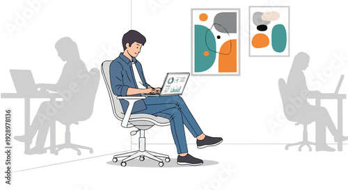 Flat 2D illustration of a man working on laptop in a coworking open space area with colorful artwork on the wall.