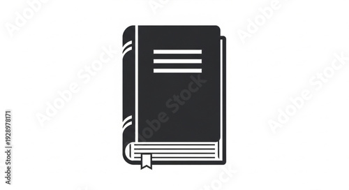 Classic Black Book with White Lines and a Bookmark on a White Background.