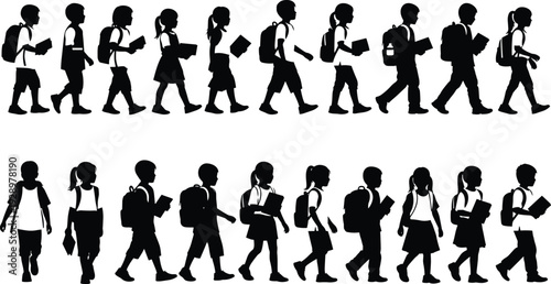 Black and White Silhouettes of Diverse Elementary School Children Walking With Backpacks and Books for Back to School Education Concept