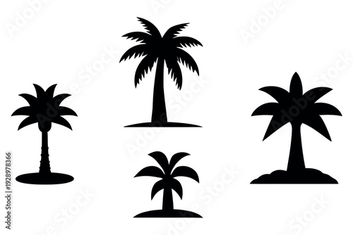 Tropical island nature illustration featuring a set of palm tree silhouettes against a summer beach sunset sky for a paradise vacation travel design