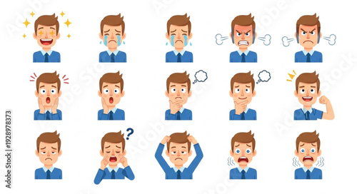 Diverse collection of male faces expressing various emotions and feelings in a vector illustration.