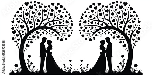 Two Silhouetted Wedding Couple Embracing Under Heart- Shaped Trees on White love