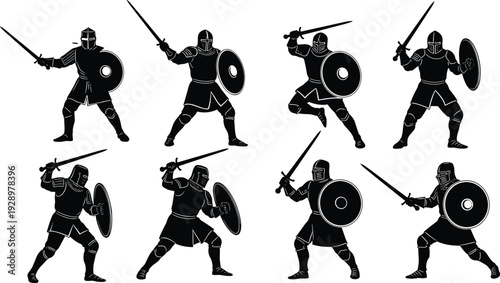 Black and white vector silhouette set of medieval knights in armor holding swords and shields in various dynamic combat poses