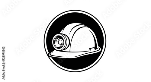 Mining helmet illustration inside a black circle, safety equipment concept.