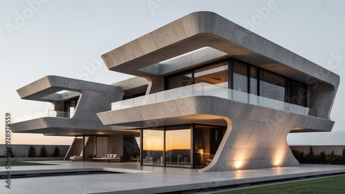 Modern Abstract Concrete House With Unique Design And Balcony At Sunset For Architecture And Real Estate Marketing