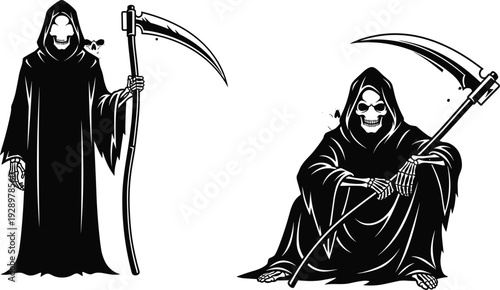Black Grim Reaper Silhouette Vector Set Featuring Death Skeleton Character Holding Scythe In Standing And Sitting Poses For Halloween flavector