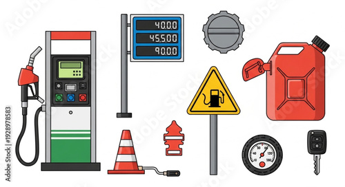 Gas station elements including fuel pump, sign, and safety equipment for vehicles.
