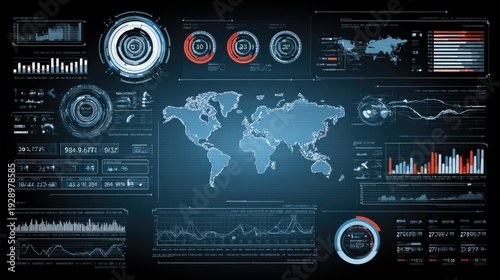Futuristic Digital Interface with World Map and Data Visualization for Modern Technology and Analytics Concepts