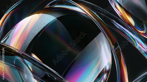 Abstract futuristic iridescent glass shapes circle with neon reflections glossy transparent panels and curved ribbons on dark tech background for UI web ads wallpaper 3d rendering