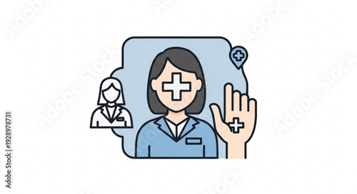 Medical professional with plus sign on face and hand gesturing stop or no telemedicine concept with doctor and patient icons