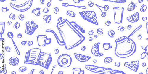 Coffee, tea seamless pattern with cup, book, fruit. Hand-drawn picnic